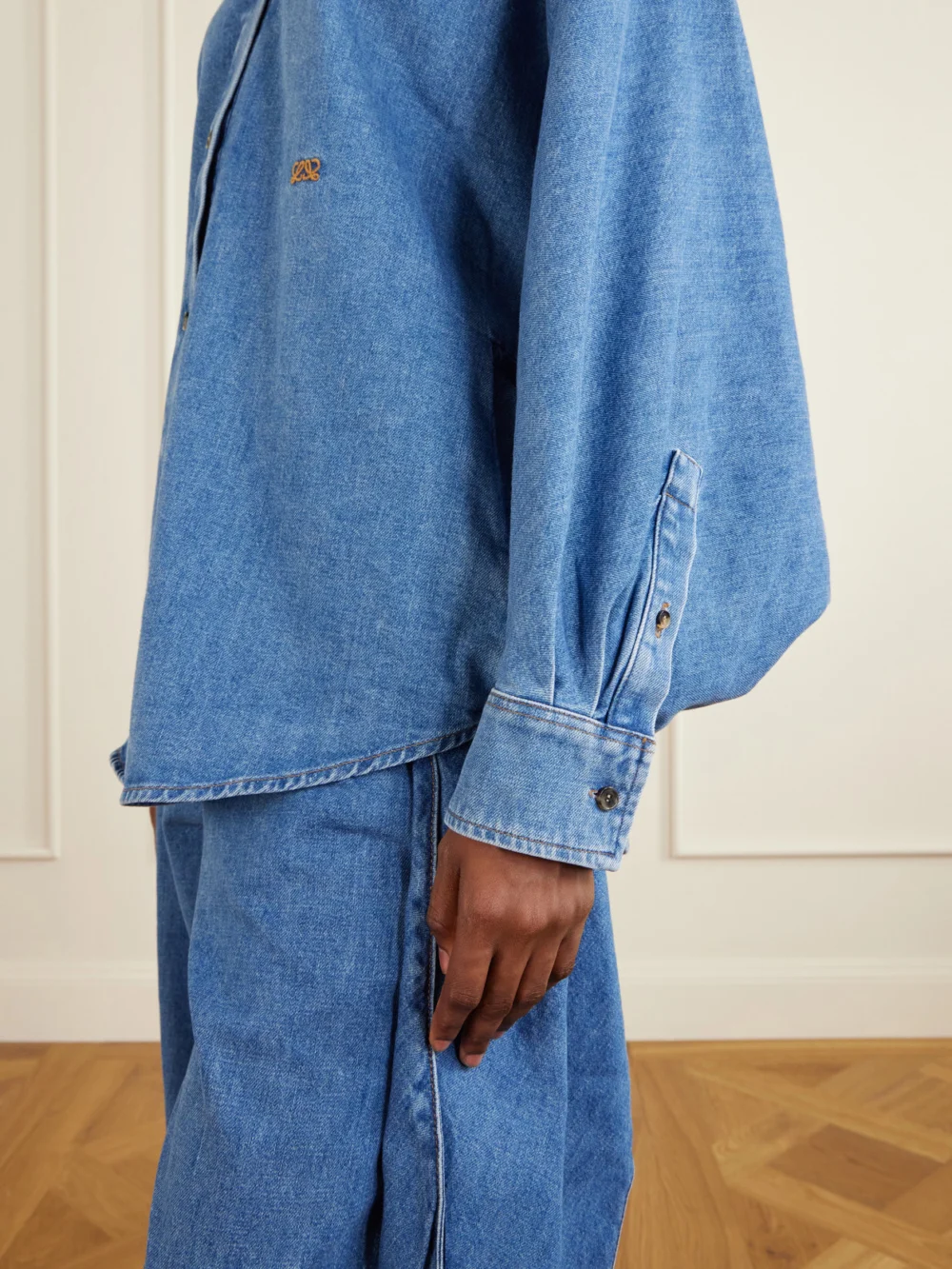 Close-up detail of the Loewe Logo-embroidered Denim Shirt