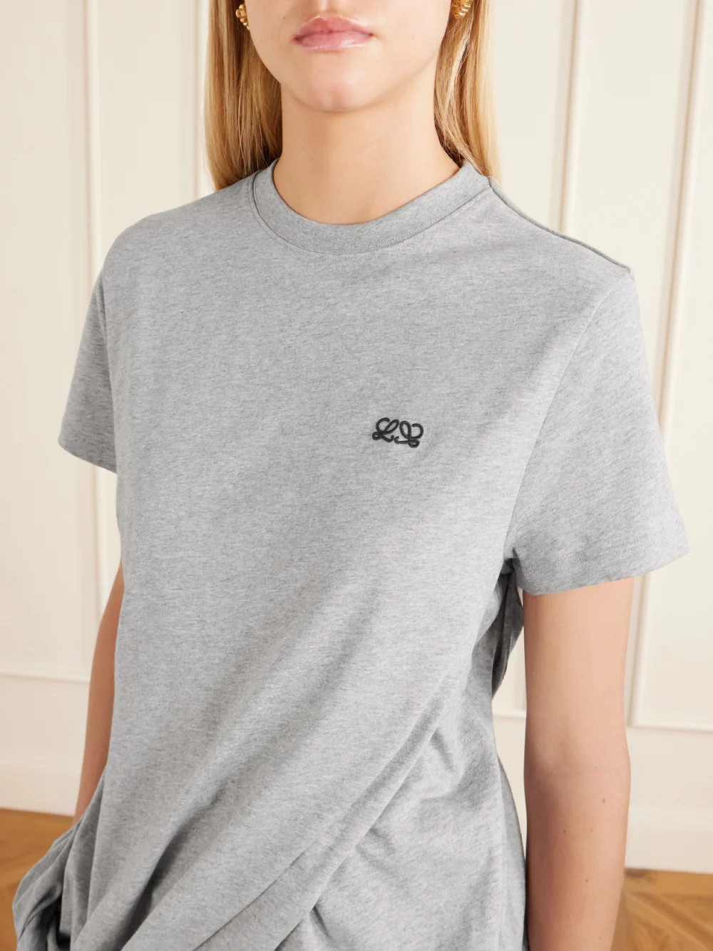 Close-up detail of the Loewe Logo-embroidered Draped Cotton-jersey T-shirt