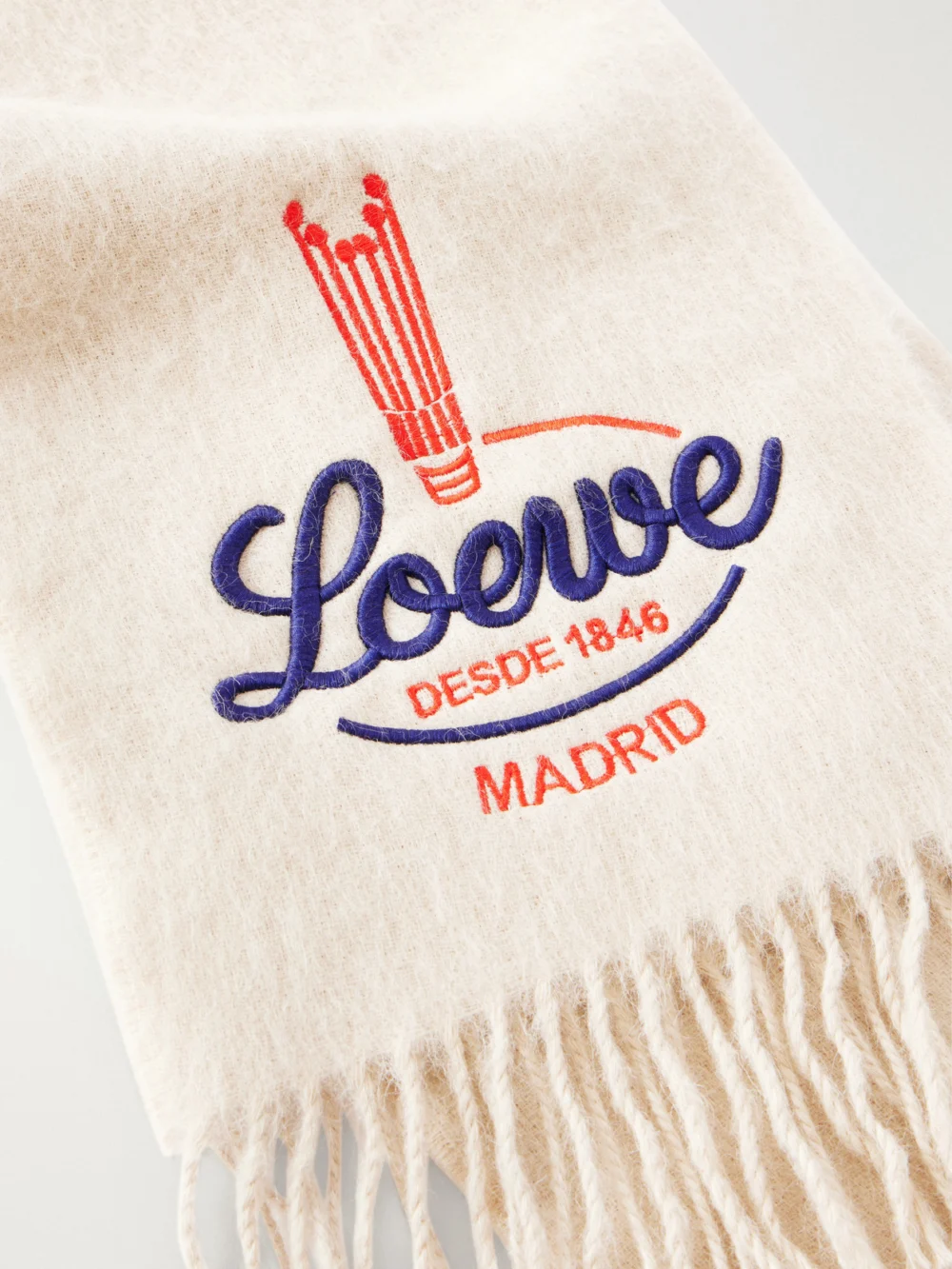 Close-up detail of the Loewe Logo-embroidered Fringed Alpaca and Wool-blend Scarf
