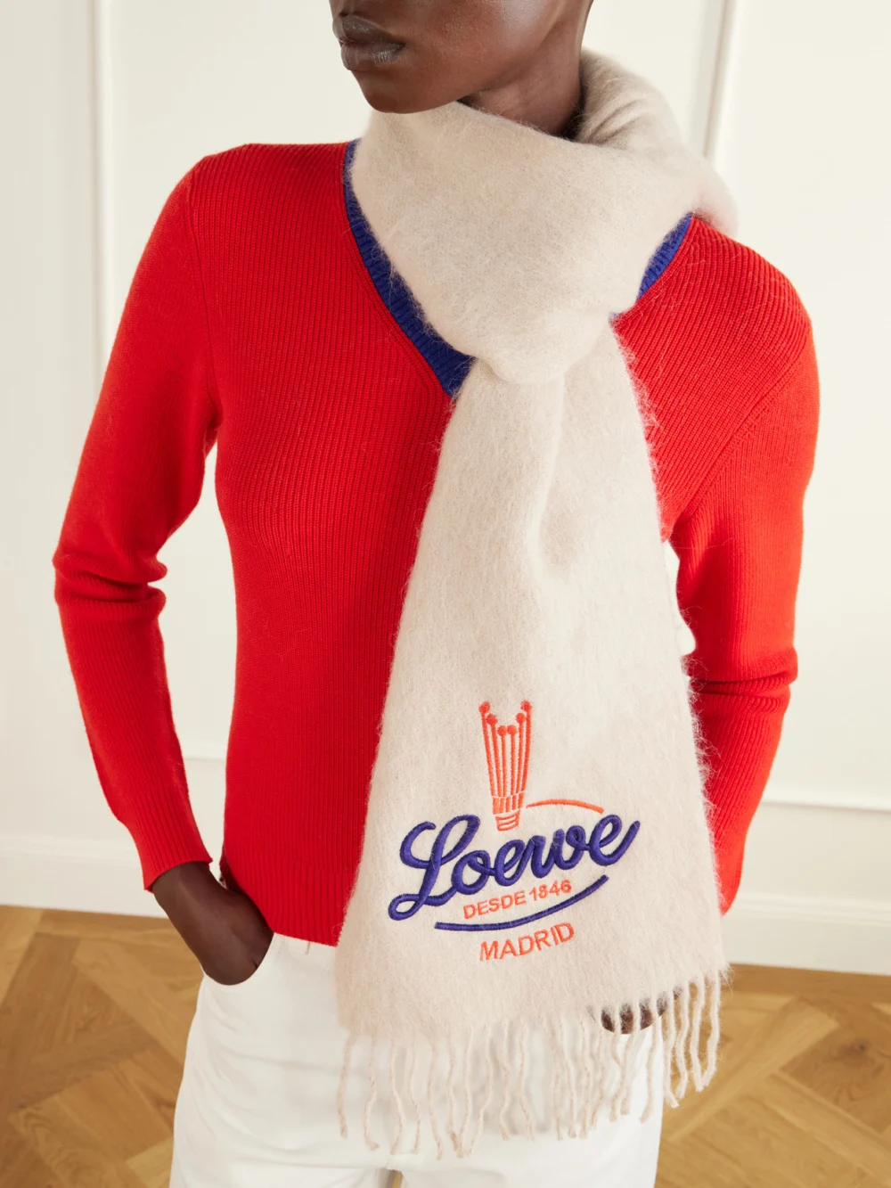 Loewe Logo-embroidered Fringed Alpaca and Wool-blend Scarf, styled view