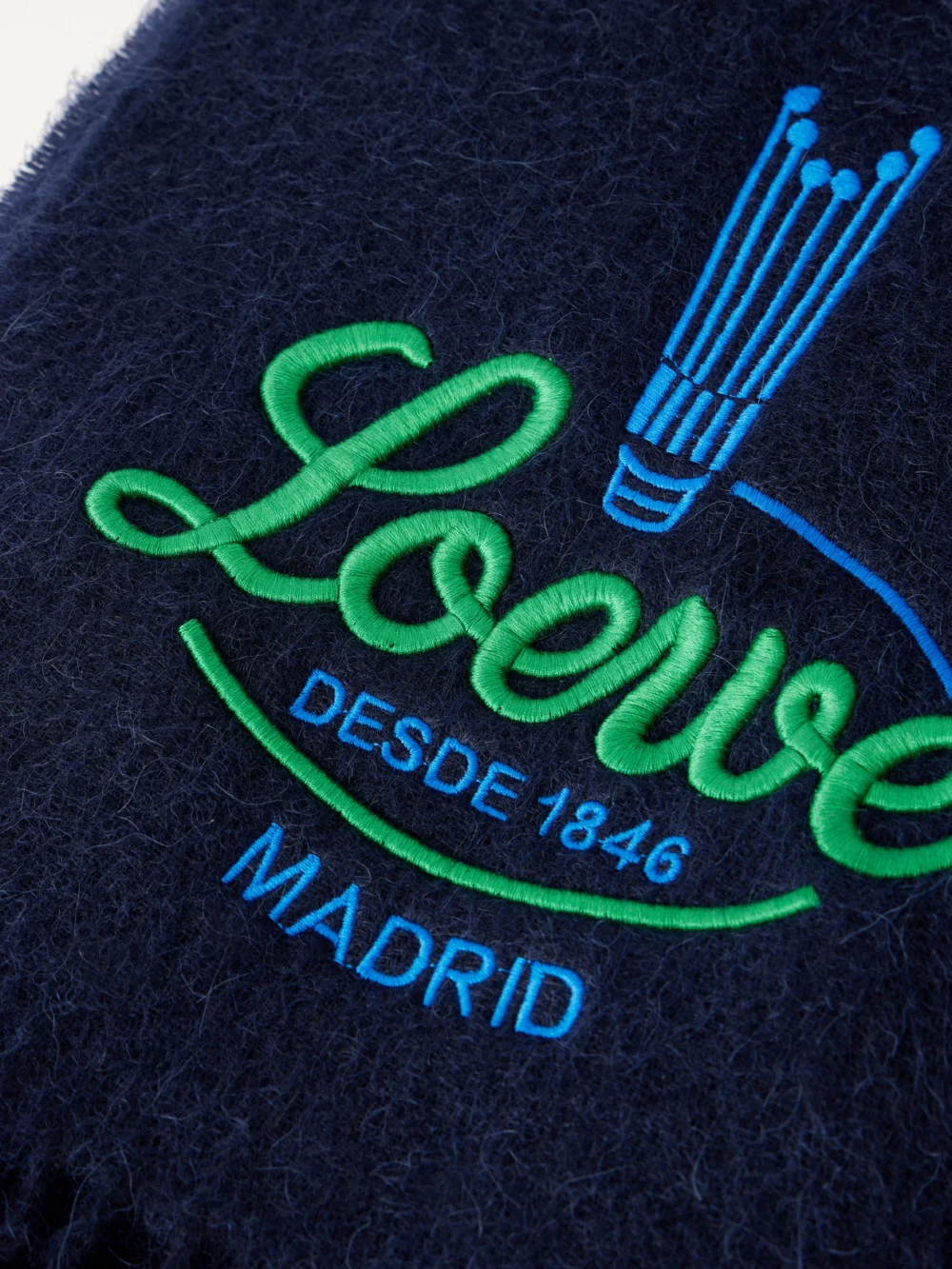 Close-up detail of the Loewe Logo-embroidered Fringed Alpaca and Wool-blend Scarf