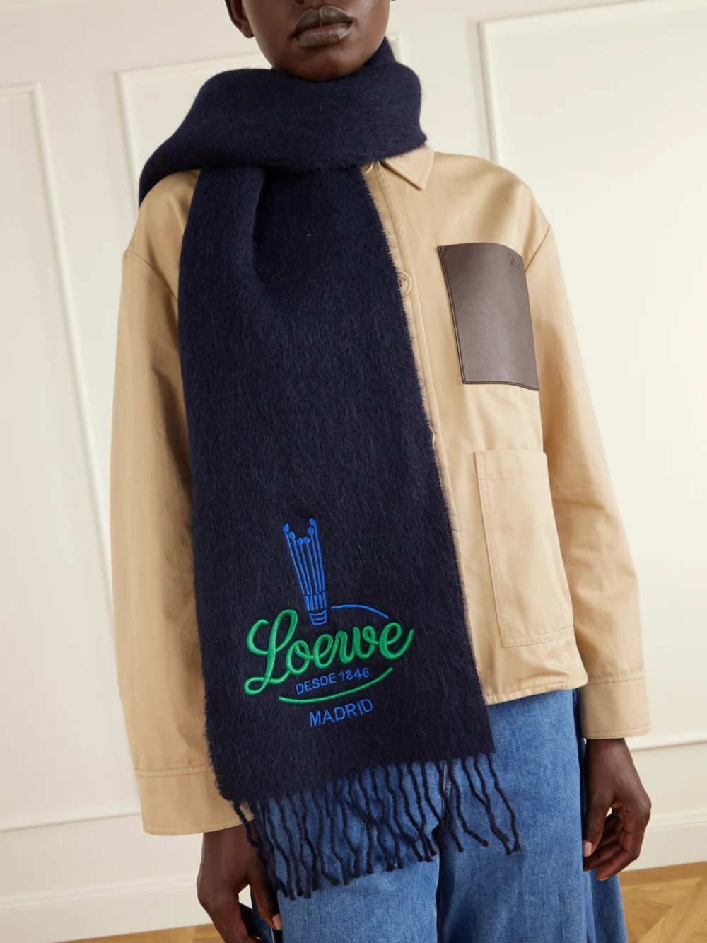 Loewe Logo-embroidered Fringed Alpaca and Wool-blend Scarf, styled view