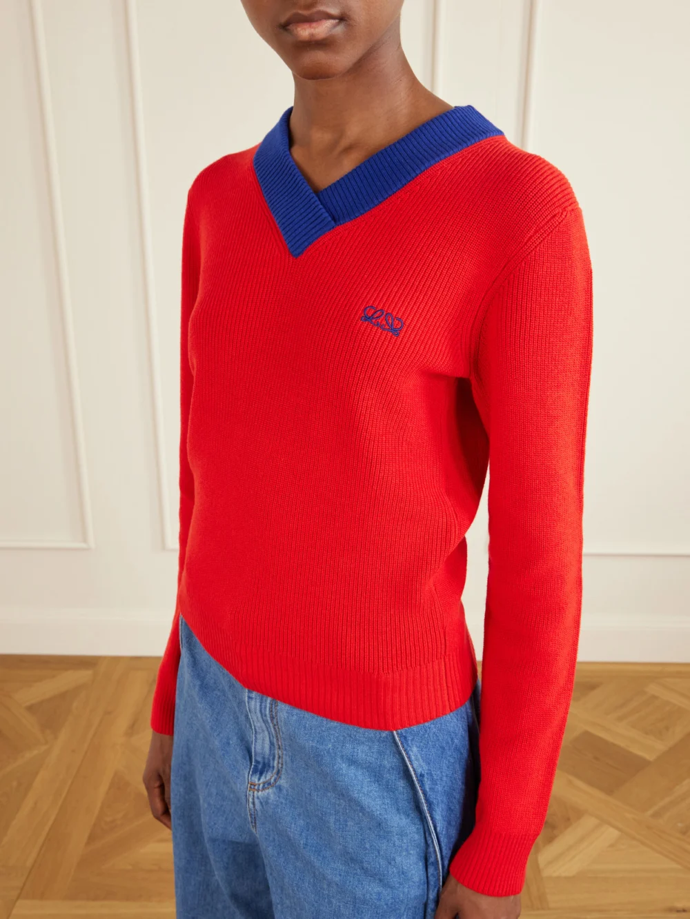 Close-up detail of the Loewe Logo-embroidered Ribbed-knit Cotton and Wool-blend Sweater