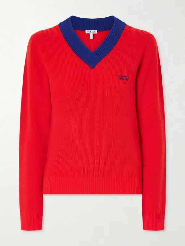 Loewe Logo-embroidered Ribbed-knit Cotton and Wool-blend Sweater