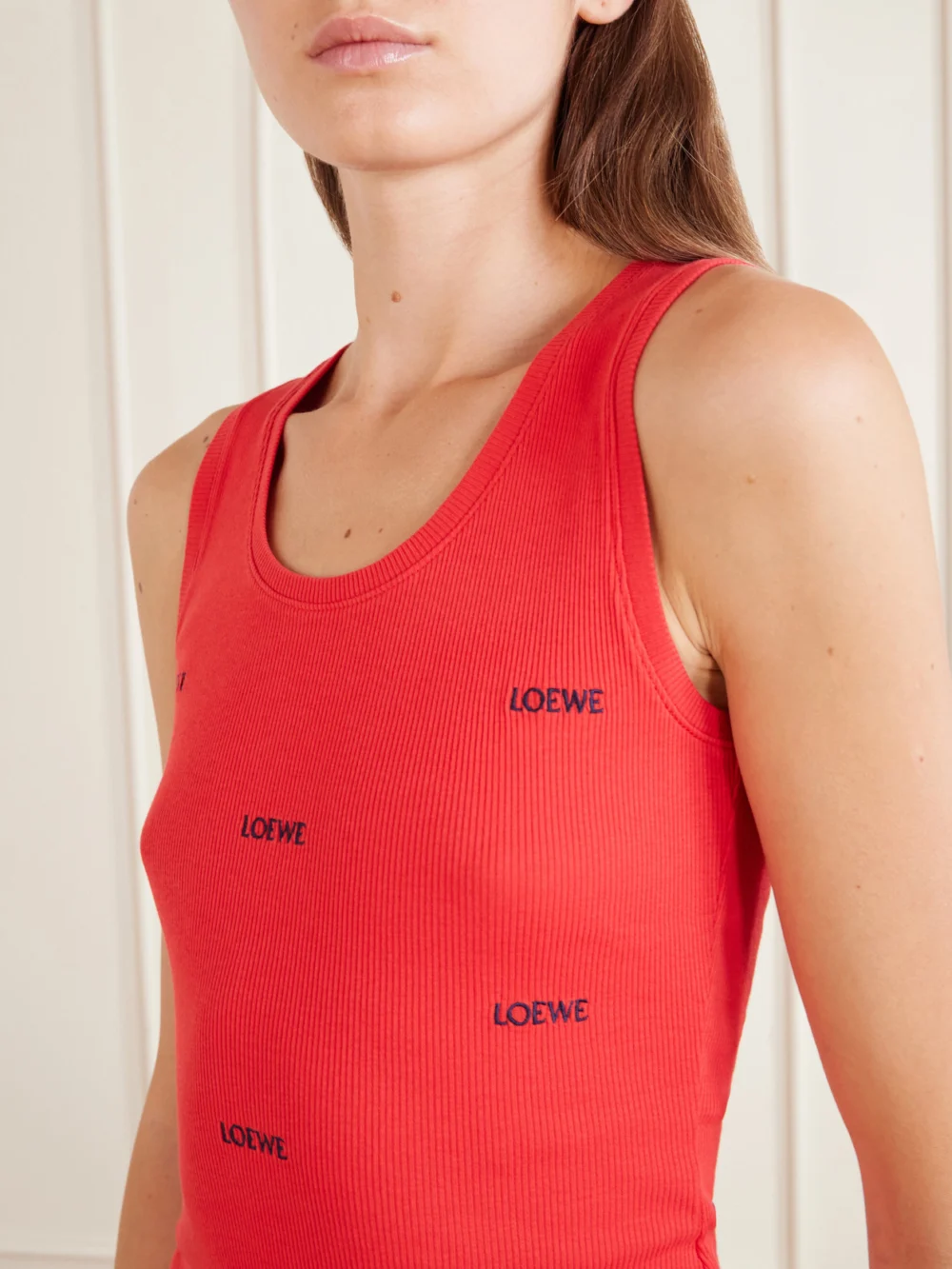 Close-up detail of the Loewe Logo-embroidered Ribbed Stretch-cotton Jersey Tank