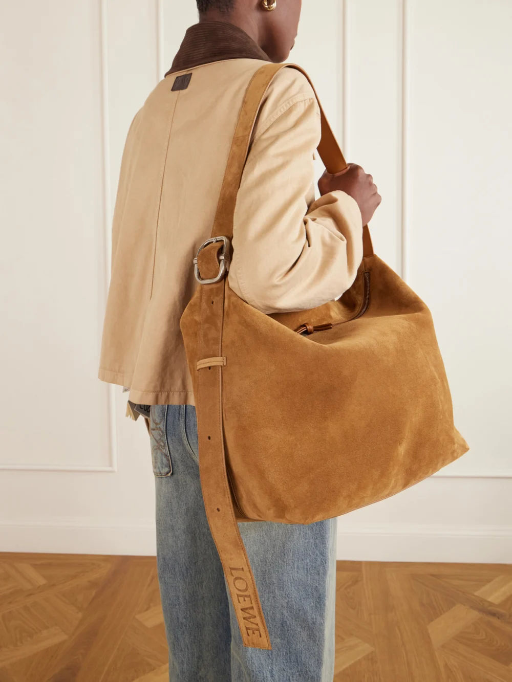 Loewe Loop Large Suede Shoulder Bag, styled view