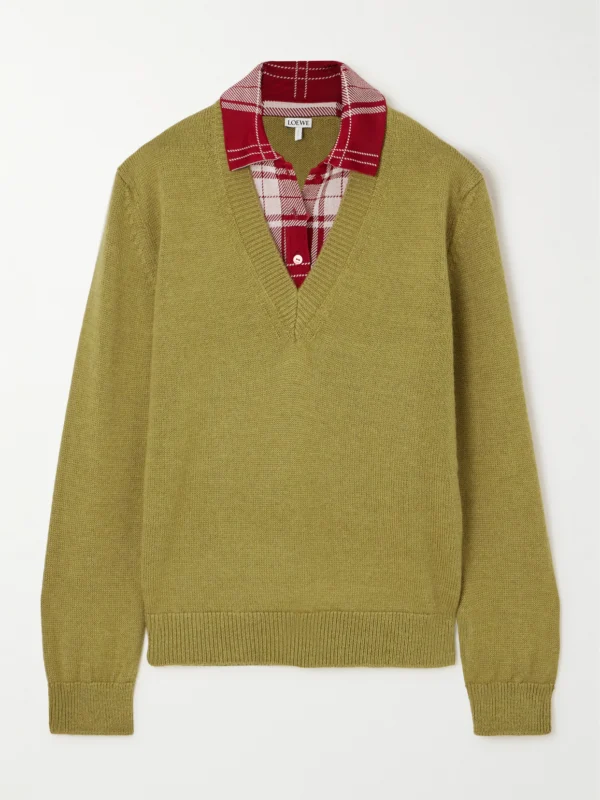 Loewe Paneled Checked Silk Blend-trimmed Knitted Sweater
