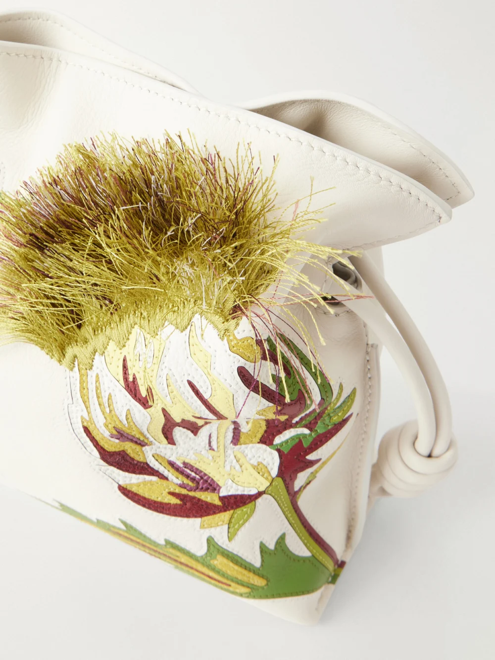 Close-up detail of the Loewe + Paula Ibiza Flamenco Intarsio Mini Embroidered Leather Clutch