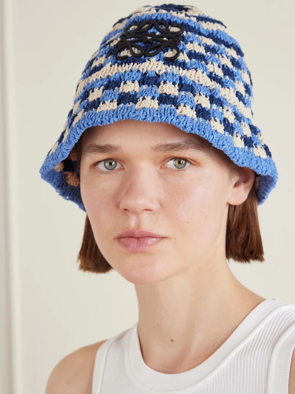 Loewe + Paula's Ibiza Anagram Appliquéd Crocheted Paper-blend Bucket Hat, styled view