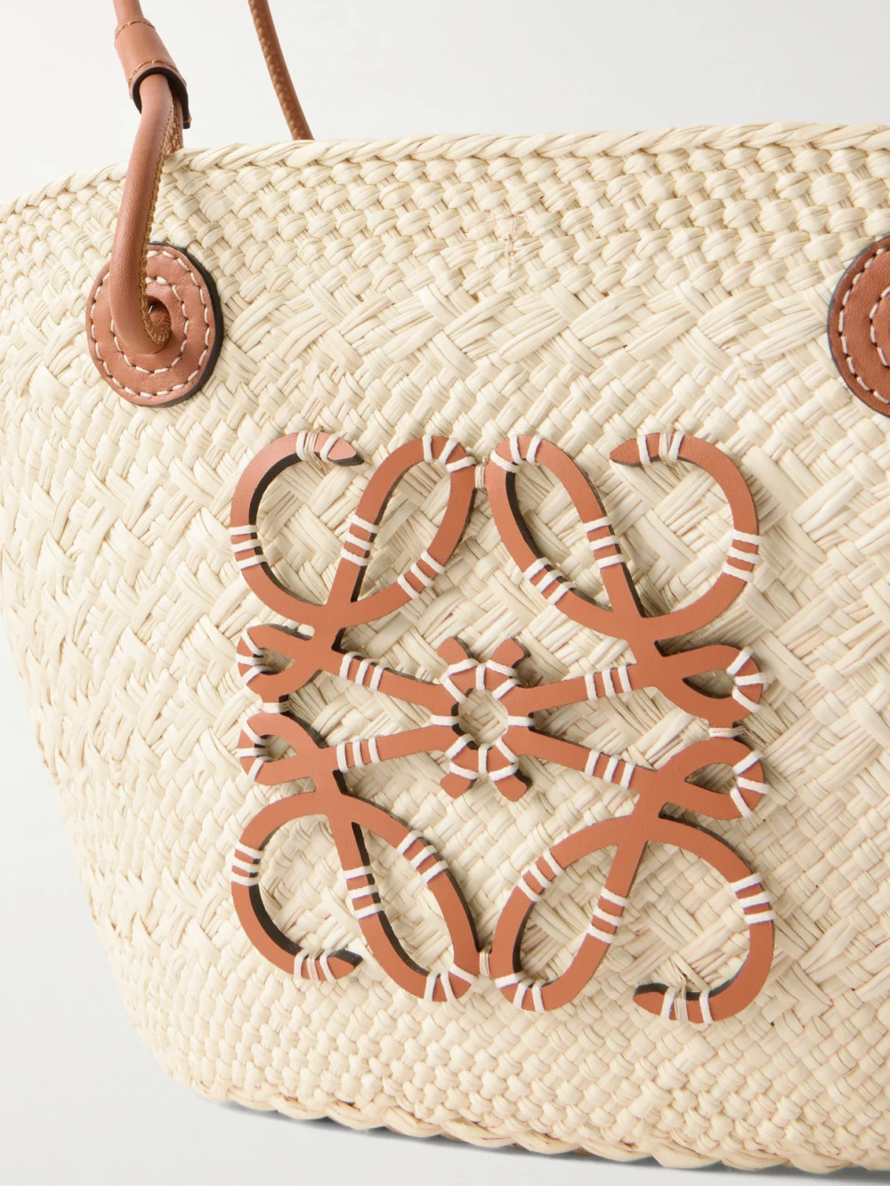 Close-up detail of the Loewe + Paula's Ibiza Anagram Basket Leather-trimmed Raffia Shoulder Bag