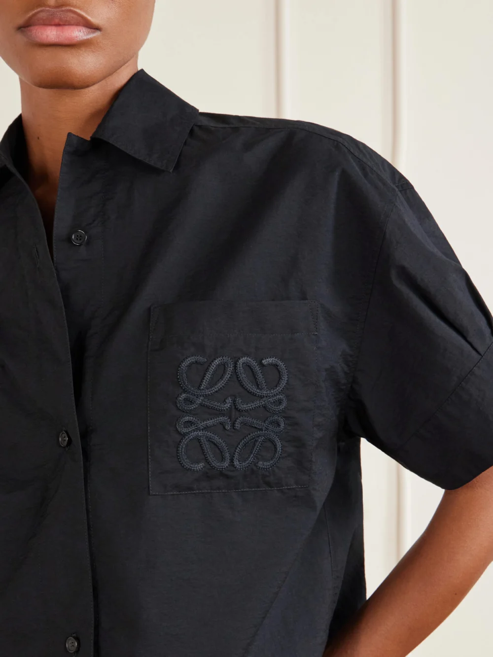 Close-up detail of the Loewe + Paula's Ibiza Anagram-embroidered Cotton-blend Shirt
