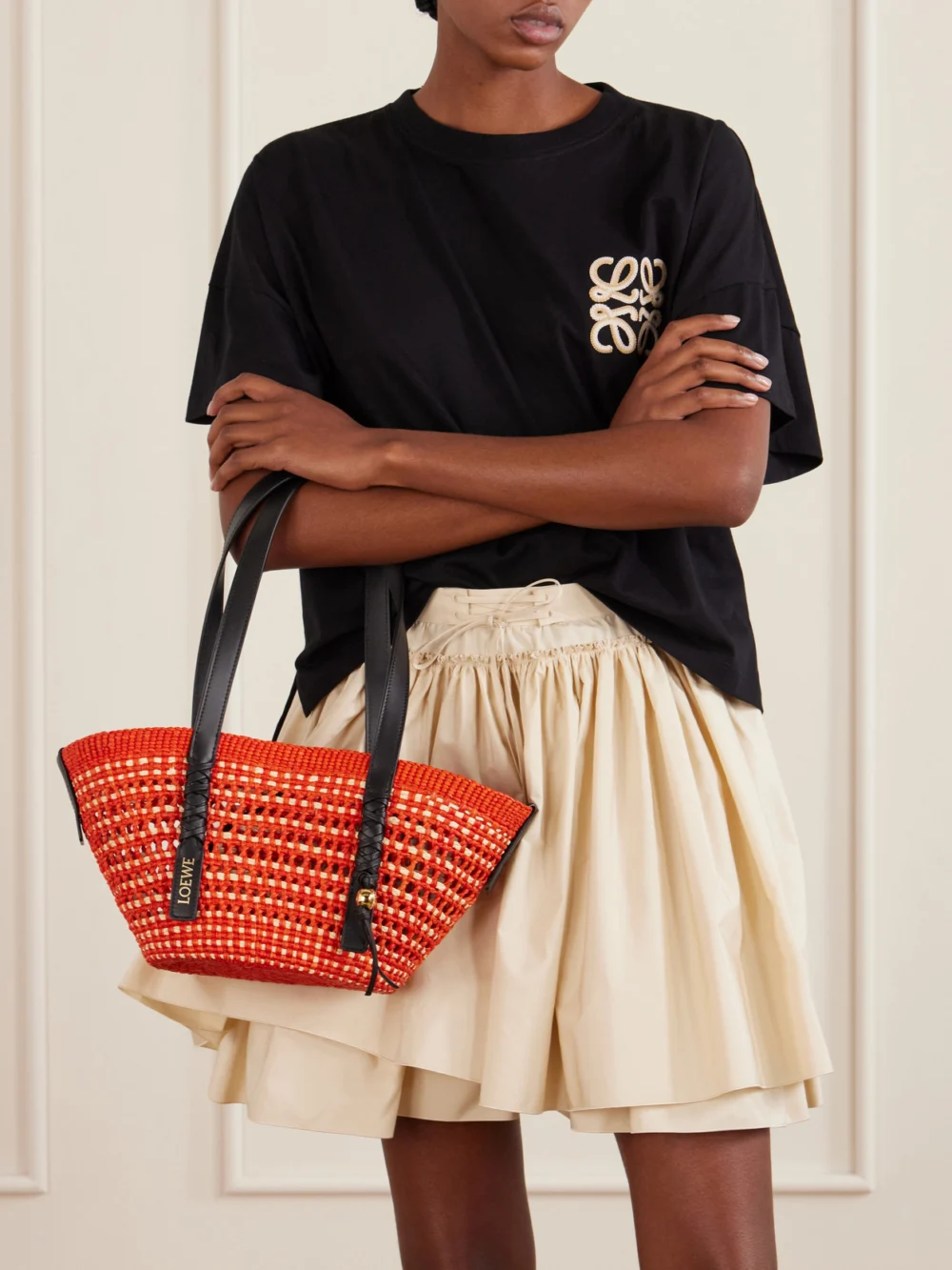 Loewe + Paula's Ibiza Braid Basket Small Leather-trimmed Raffia Shoulder Bag, styled view