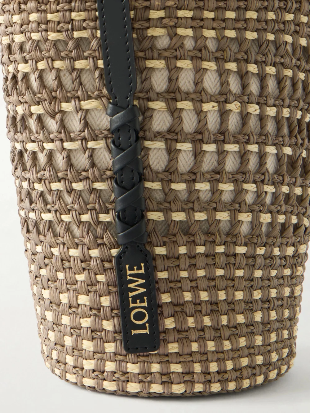 Close-up detail of the Loewe + Paula's Ibiza Braid Leather-trimmed Raffia Shoulder Bag