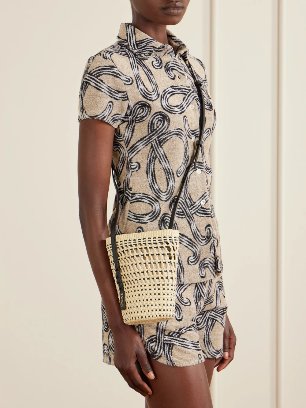 Loewe + Paula's Ibiza Braid Leather-trimmed Raffia Shoulder Bag, styled view