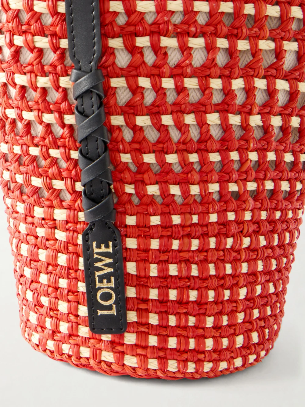 Close-up detail of the Loewe + Paula's Ibiza Braid Leather-trimmed Raffia Shoulder Bag