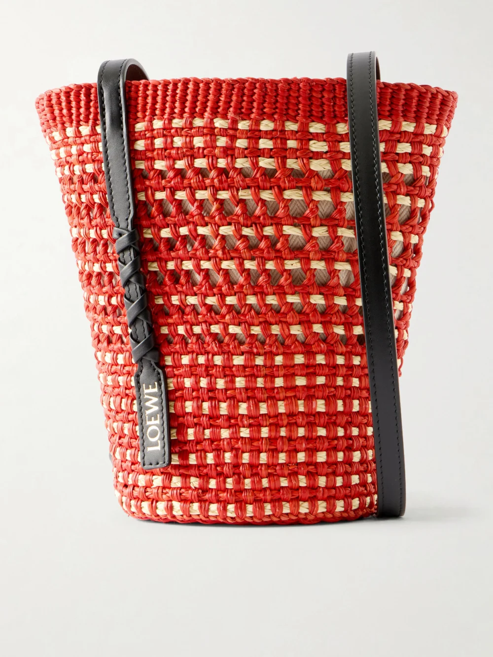 Loewe + Paula's Ibiza Braid Leather-trimmed Raffia Shoulder Bag in red