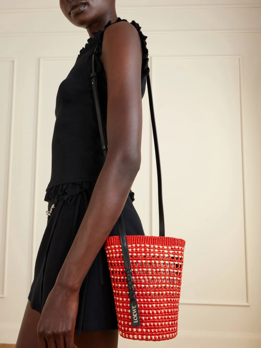 Loewe + Paula's Ibiza Braid Leather-trimmed Raffia Shoulder Bag, styled view
