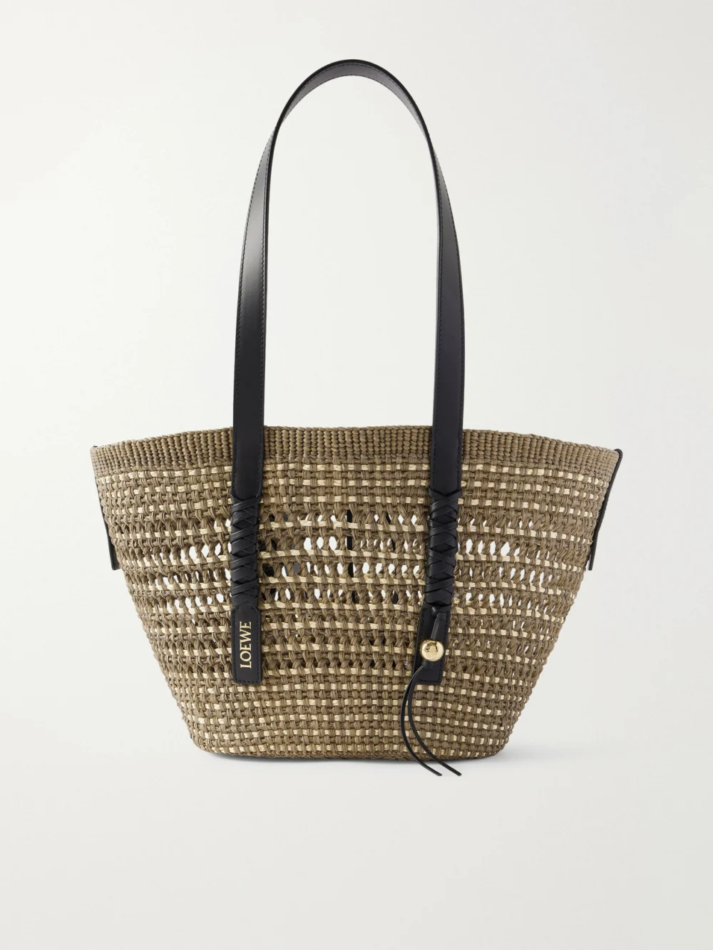 Loewe + Paula's Ibiza Braid Medium Leather-trimmed Raffia Tote in army green