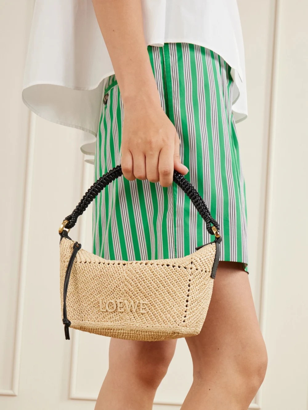 Loewe + Paula's Ibiza Cala Leather-trimmed Raffia Pouch, styled view