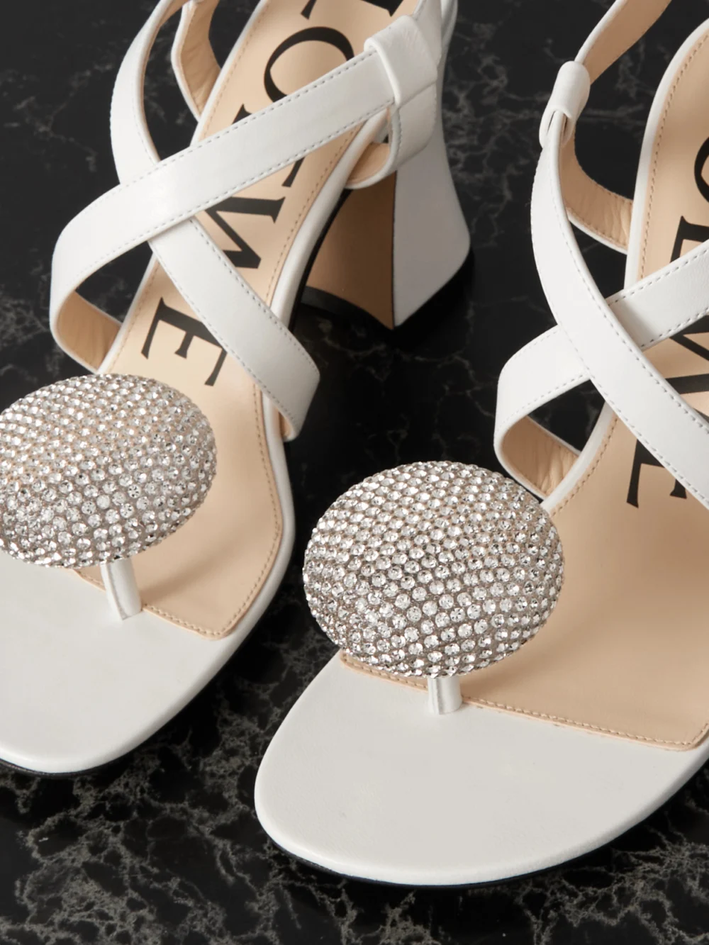 Close-up detail of the Loewe + Paula's Ibiza Calle Pebble Crystal-embellished Leather Sandals