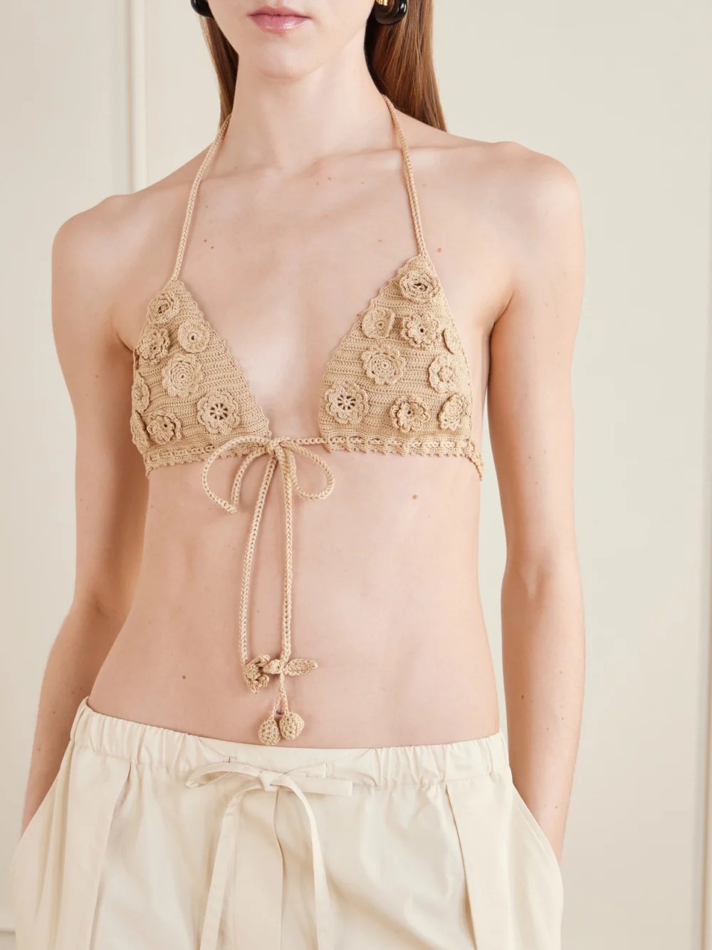 Close-up detail of the Loewe + Paula's Ibiza Crocheted Cotton Triangle Bra