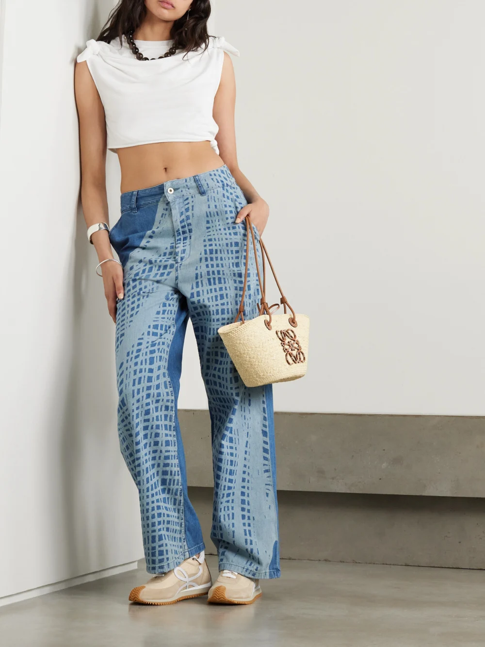 Loewe + Paula's Ibiza Cropped Knotted Cotton-blend Jersey T-shirt, worn by a model