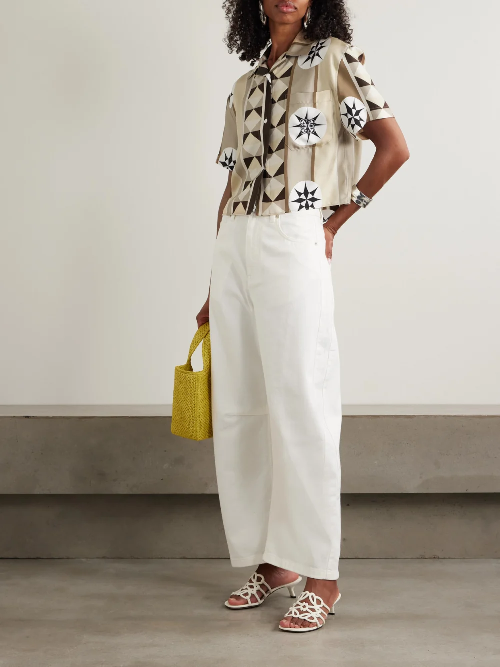Loewe + Paula's Ibiza Cropped Printed Silk-twill Shirt, worn by a model