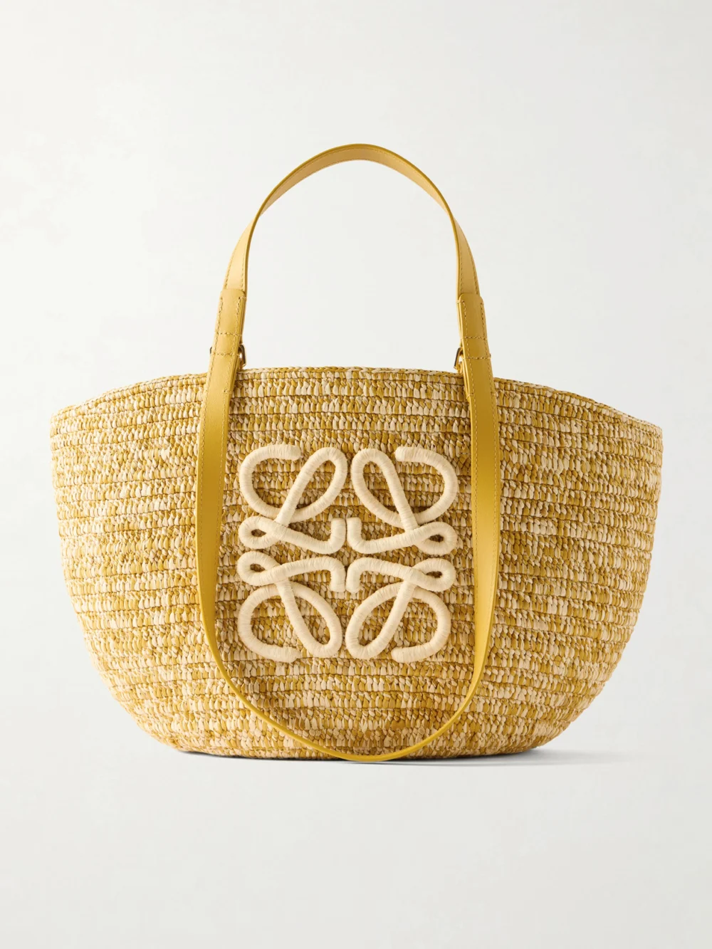 Loewe + Paula's Ibiza Eclipse Basket Medium Leather-trimmed Raffia Tote in mustard