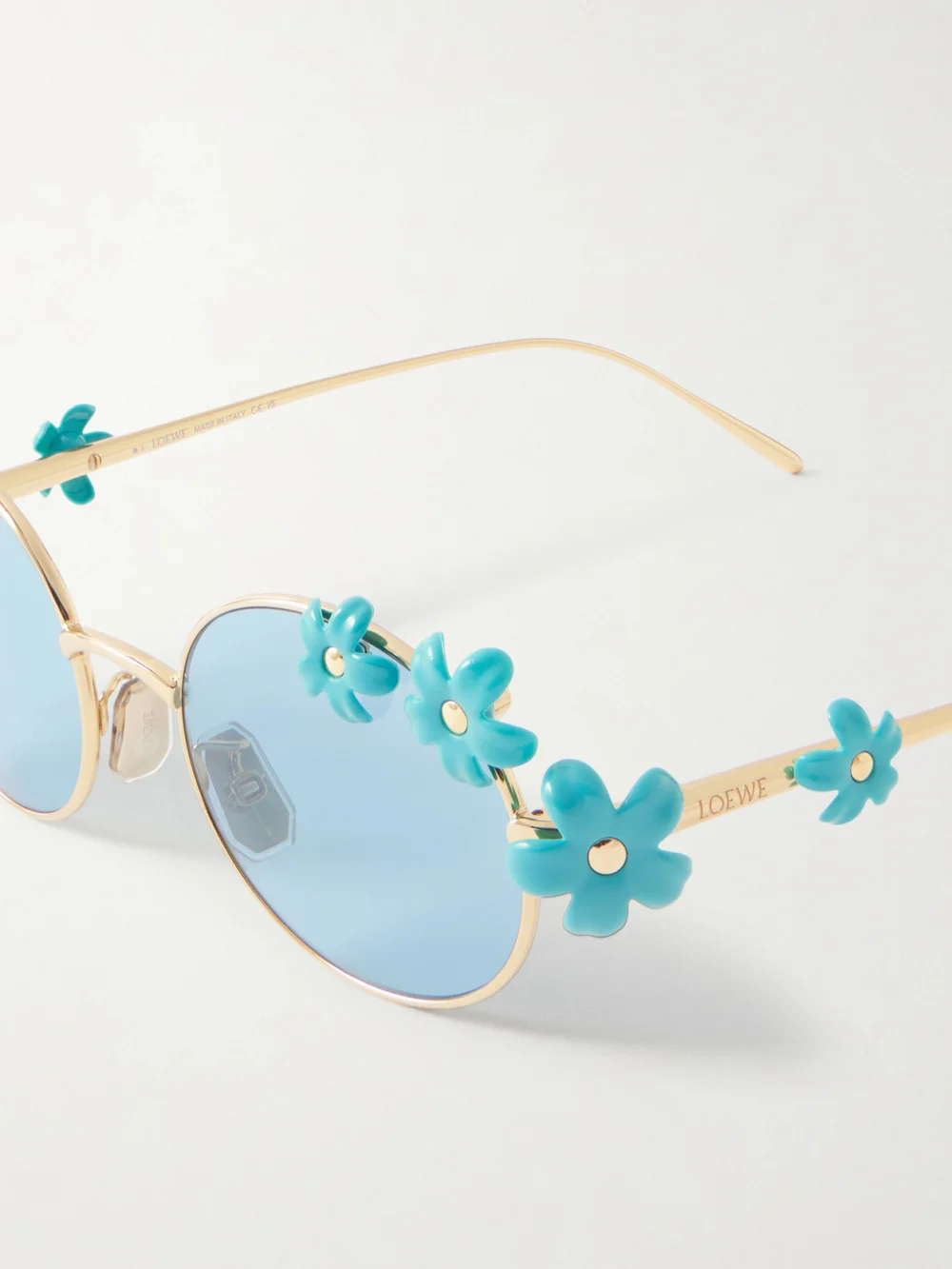 Close-up detail of the Loewe + Paula's Ibiza Embellished Round-frame Gold-tone Sunglasses
