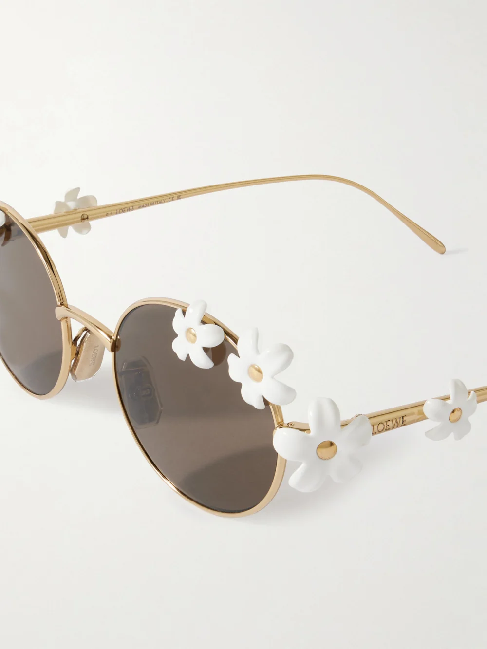 Close-up detail of the Loewe + Paula's Ibiza Embellished Round-frame Gold-tone Sunglasses
