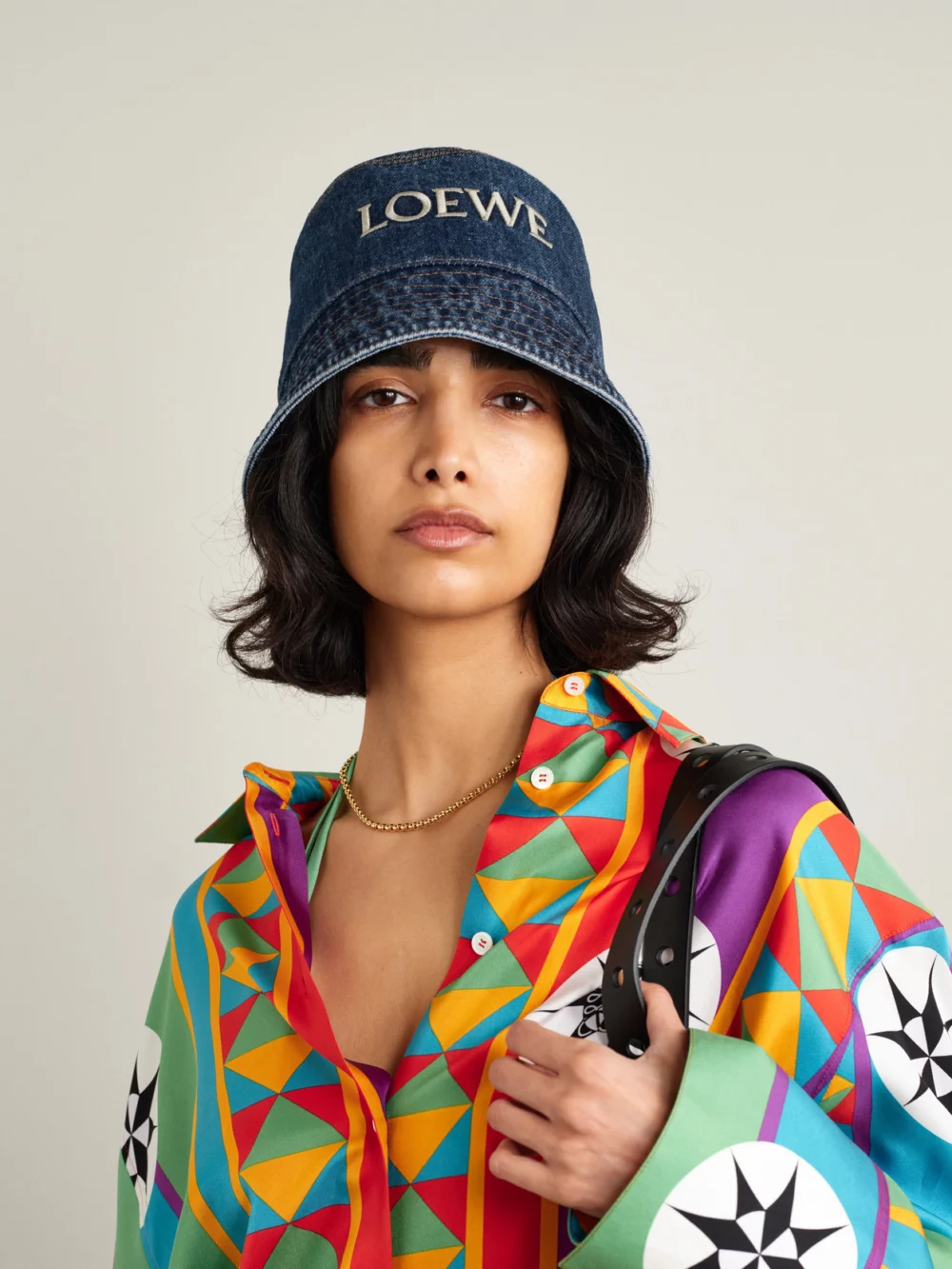 Loewe + Paula's Ibiza Embroidered Denim Bucket Hat, styled view