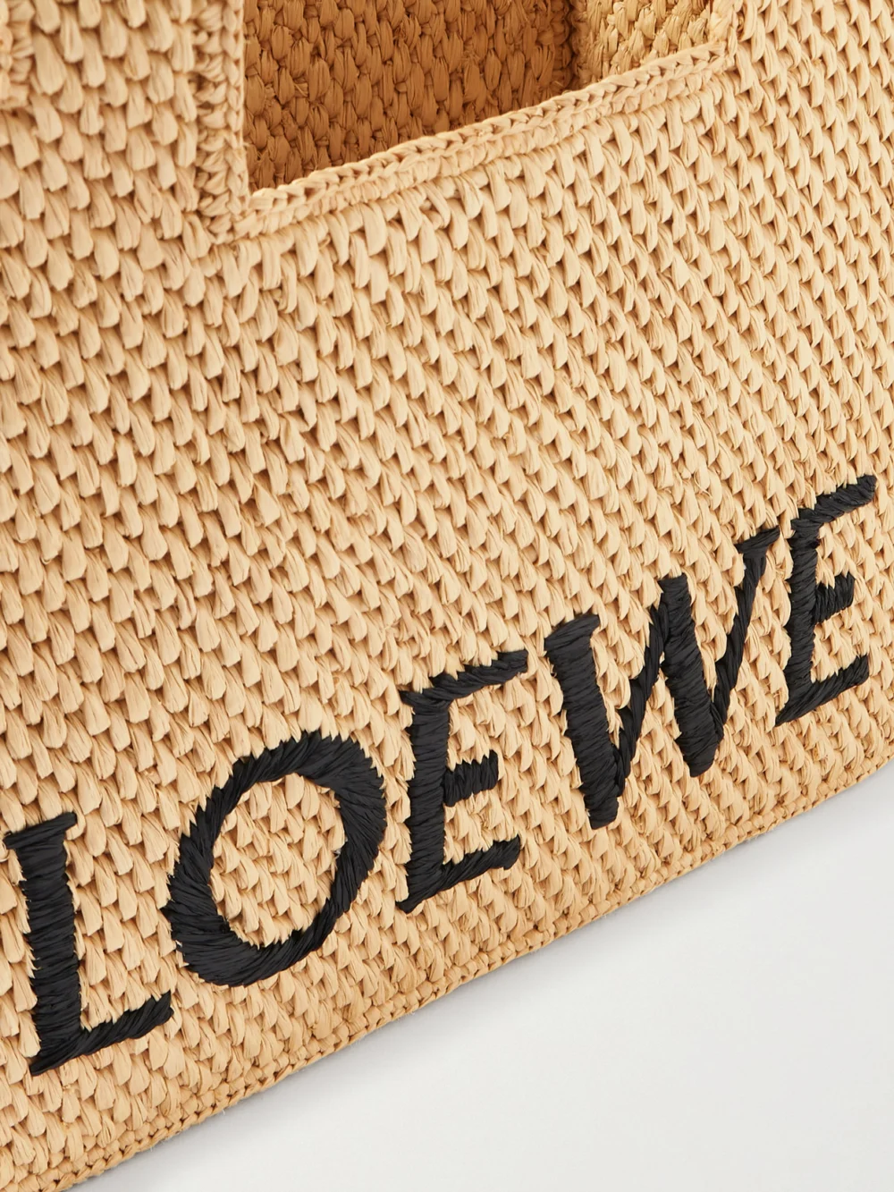 Close-up detail of the Loewe + Paula's Ibiza Embroidered Raffia Tote
