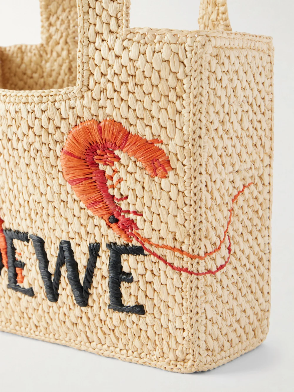 Close-up detail of the Loewe + Paula's Ibiza Embroidered Raffia Tote