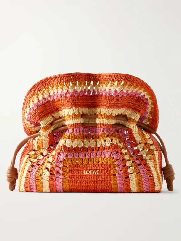 Loewe + Paula's Ibiza Flamenco Mini Leather-trimmed Crocheted Raffia Clutch