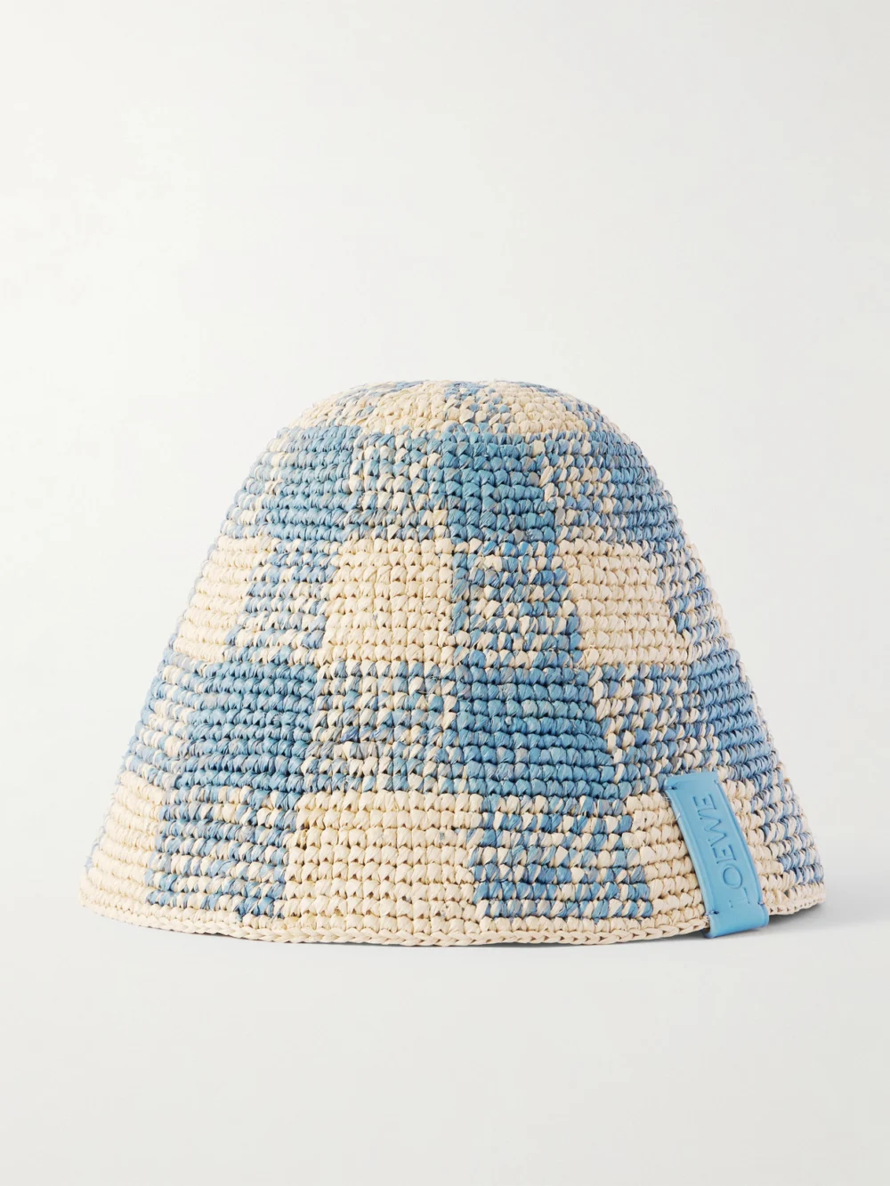 Loewe + Paula's Ibiza Leather-trimmed Checked Raffia Bucket Hat in beige
