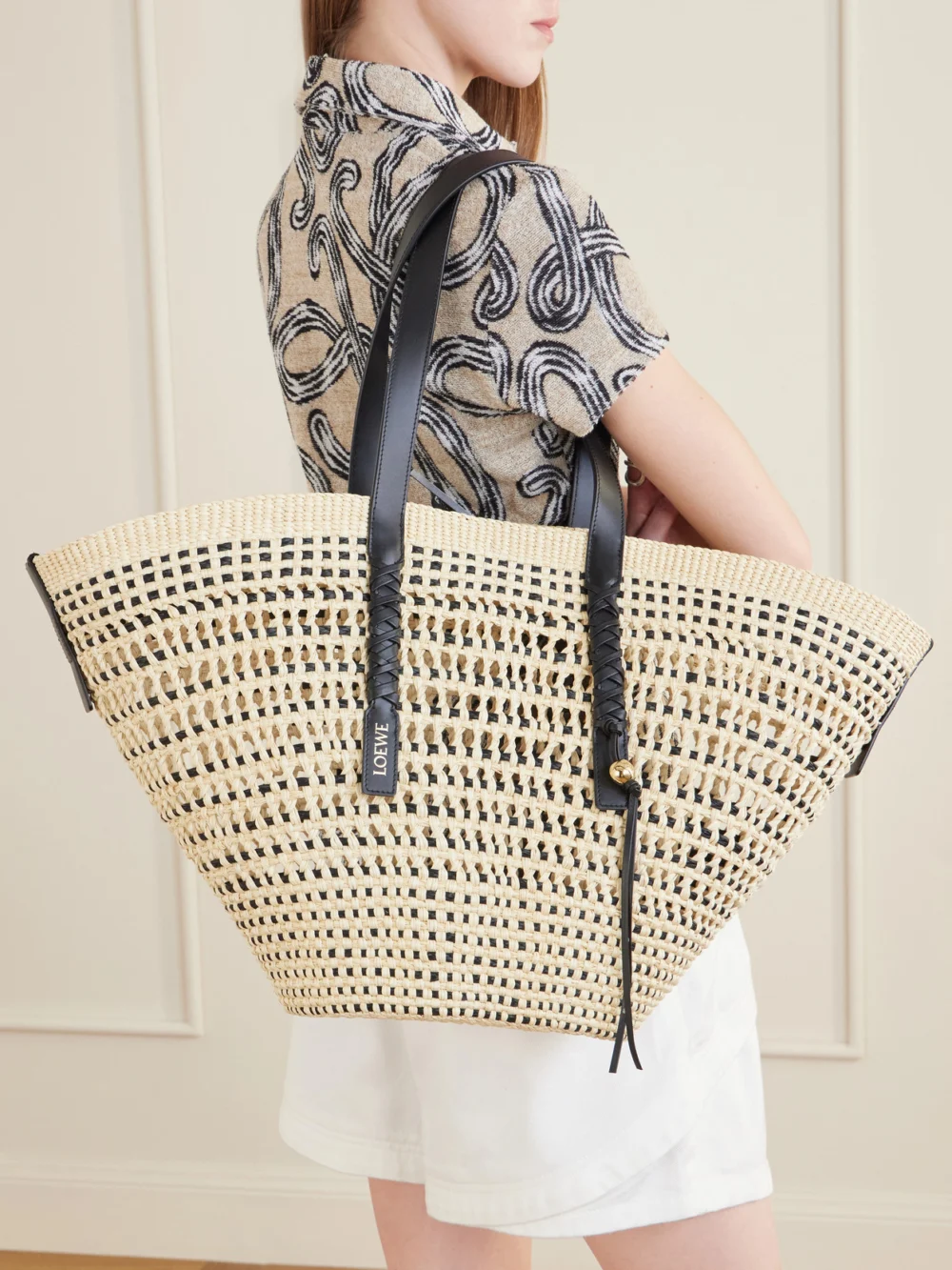 Loewe + Paula's Ibiza Leather-trimmed Iraca Tote, styled view