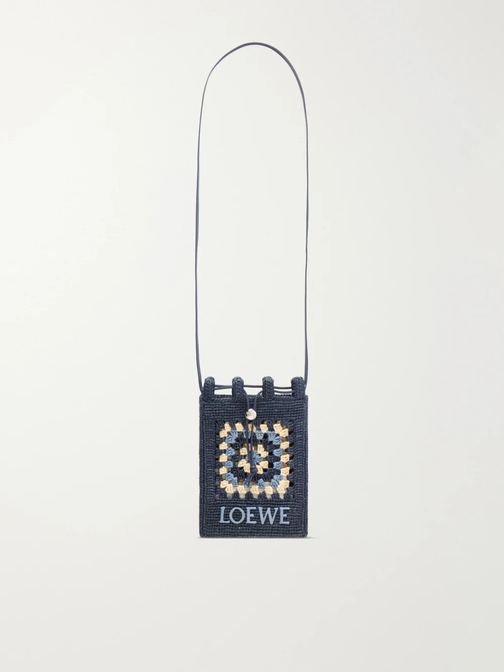 Loewe + Paula's Ibiza Logo-embroidered Leather-trimmed Crocheted Raffia Bucket Bag in navy
