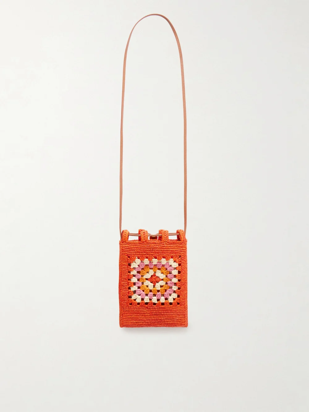 Back view of the Loewe + Paula's Ibiza Logo-trimmed Leather-trimmed Crocheted Raffia Bucket Bag
