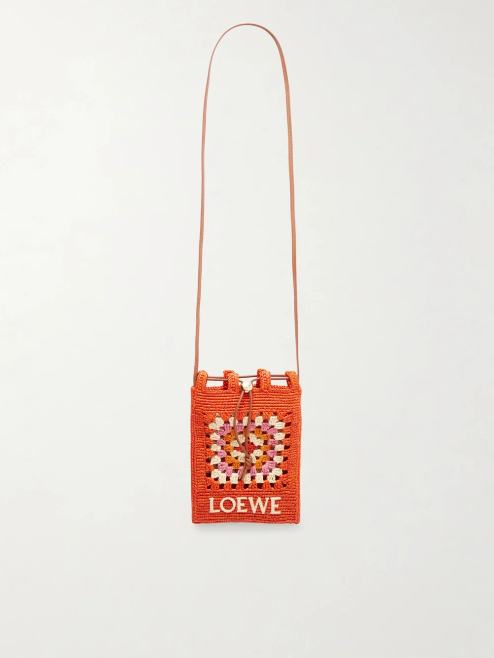 Loewe + Paula's Ibiza Logo-trimmed Leather-trimmed Crocheted Raffia Bucket Bag in bright orange