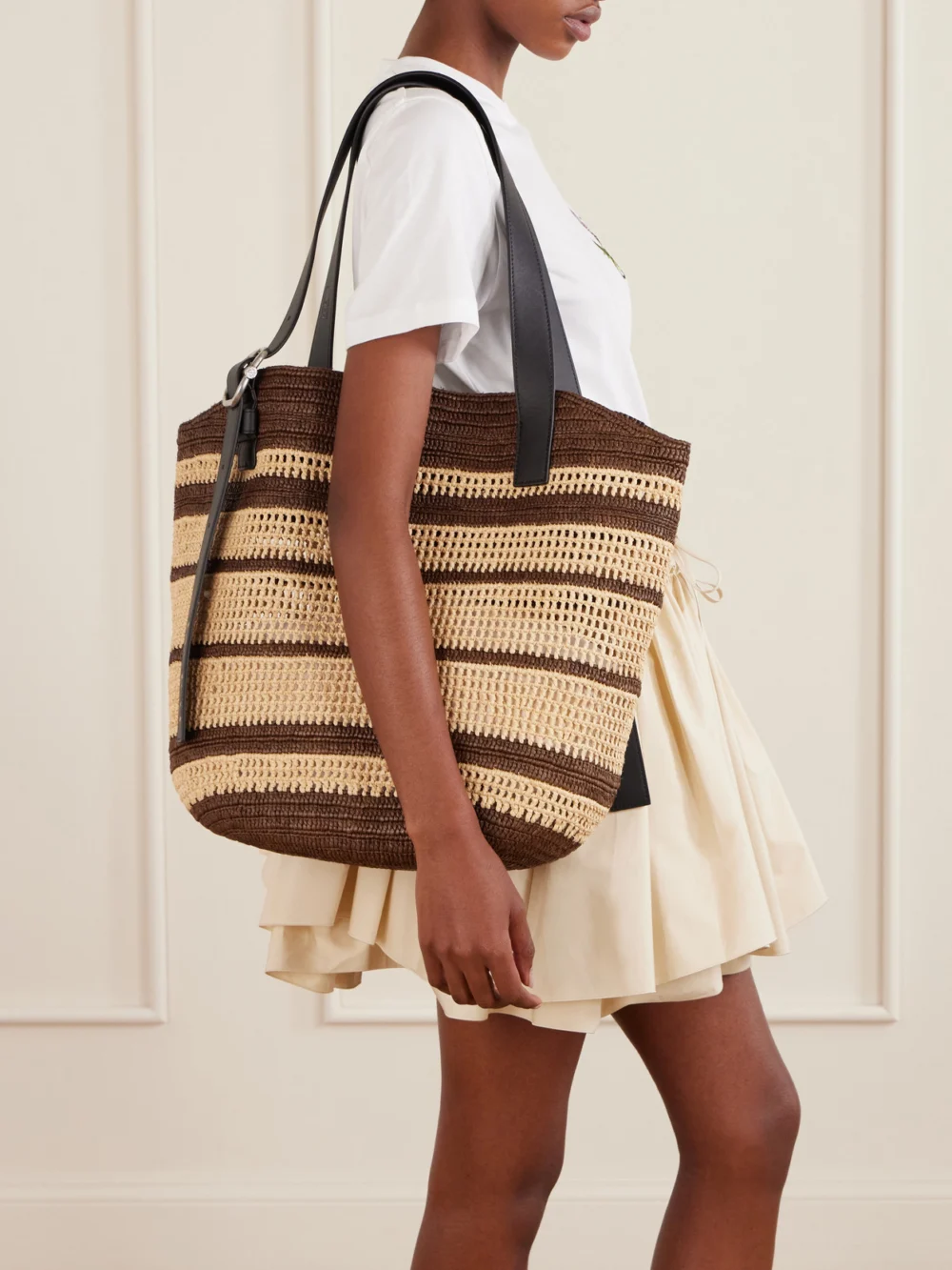 Loewe + Paula's Ibiza Loop Basket Leather-trimmed Raffia Tote, styled view