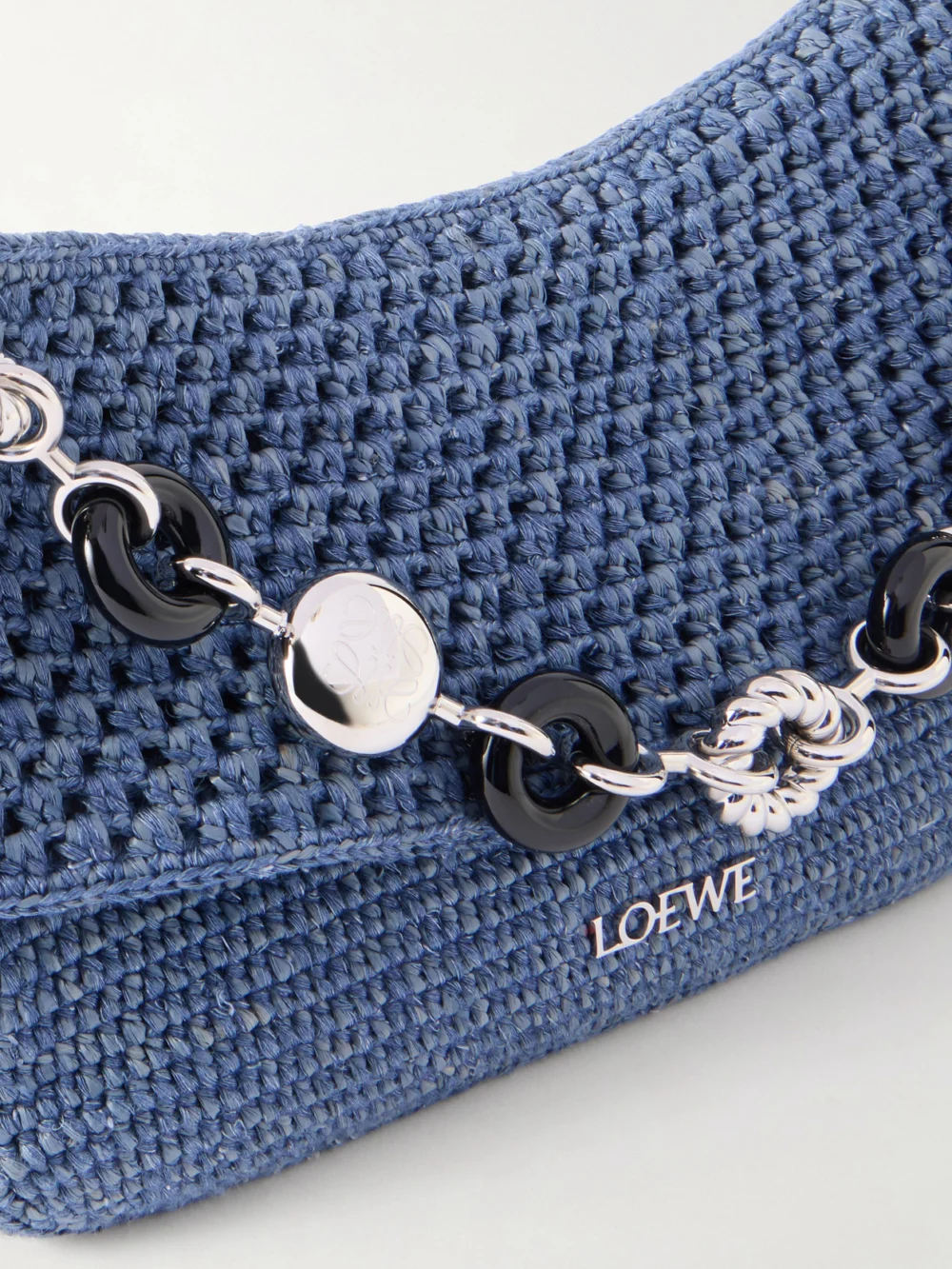 Close-up detail of the Loewe + Paula's Ibiza Ola Embellished Leather-trimmed Raffia Shoulder Bag