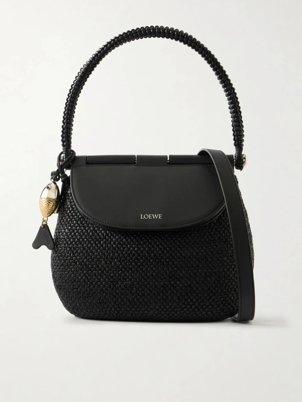 Loewe + Paula's Ibiza Pescador Medium Embellished Leather-trimmed Raffia Shoulder Bag in black