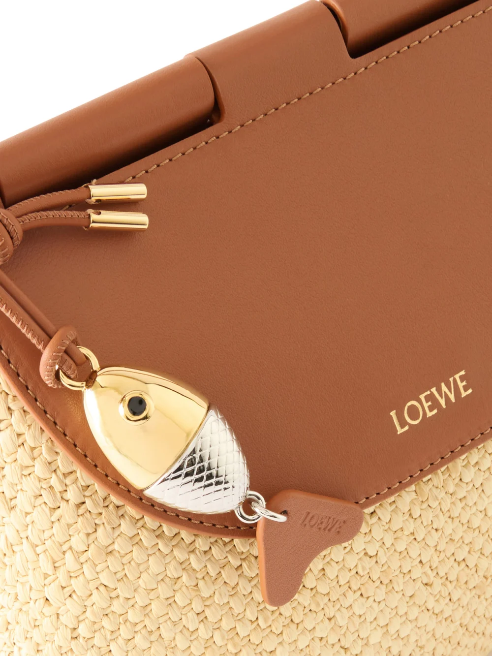 Close-up detail of the Loewe + Paula's Ibiza Pescador Medium Embellished Leather-trimmed Raffia Shoulder Bag