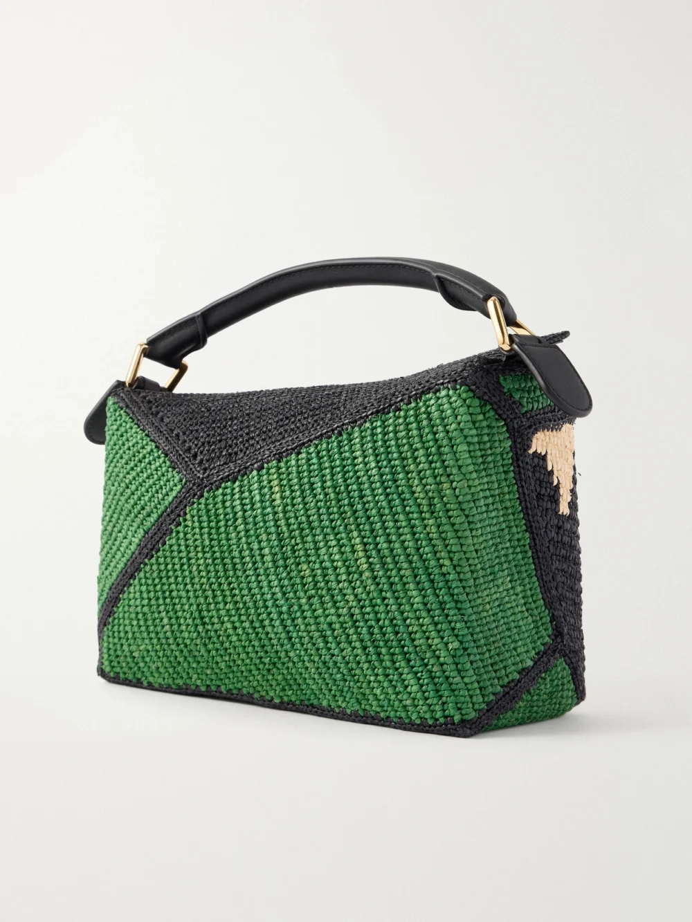 Back view of the Loewe + Paula's Ibiza Puzzle Edge Crocodile Leather-trimmed Raffia Shoulder Bag