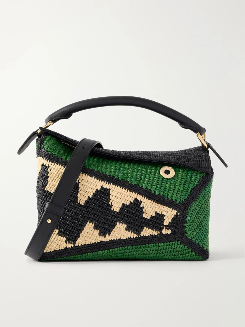 Loewe + Paula's Ibiza Puzzle Edge Crocodile Leather-trimmed Raffia Shoulder Bag in green