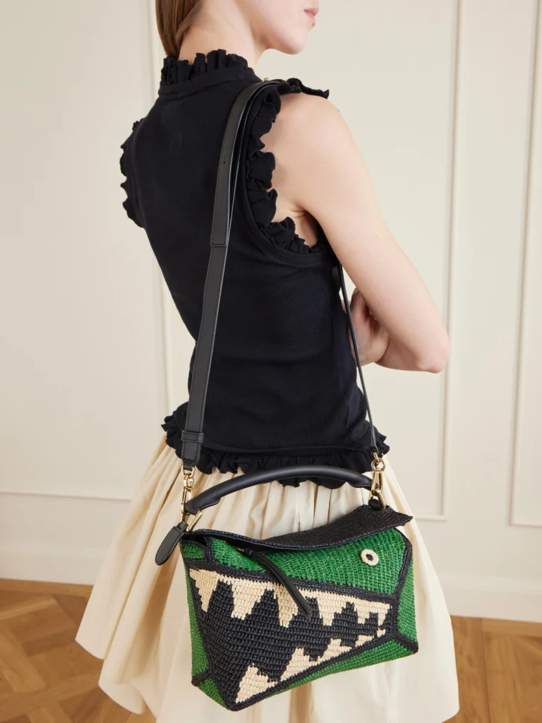 Loewe + Paula's Ibiza Puzzle Edge Crocodile Leather-trimmed Raffia Shoulder Bag