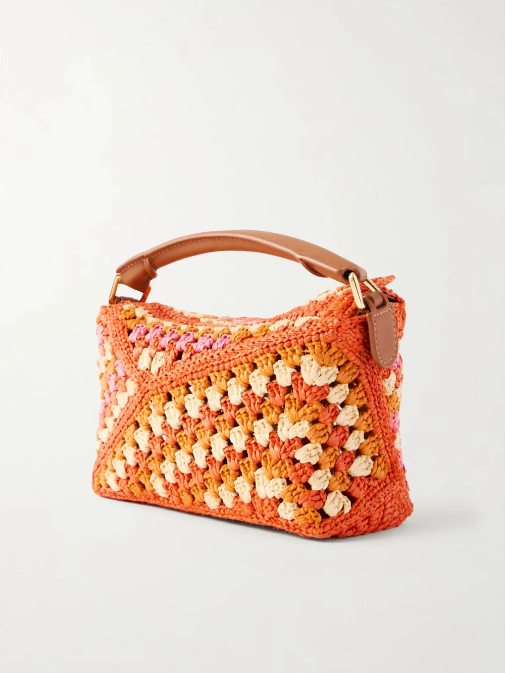 Back view of the Loewe + Paula's Ibiza Puzzle Edge Mini Leather-trimmed Crocheted Raffia Shoulder Bag