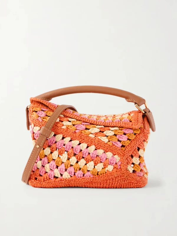 Loewe + Paula's Ibiza Puzzle Edge Mini Leather-trimmed Crocheted Raffia Shoulder Bag