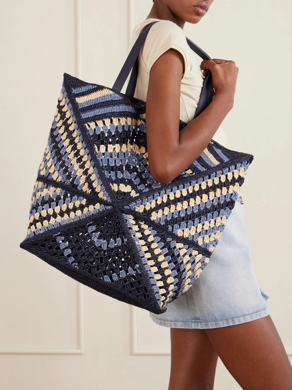 Loewe + Paula's Ibiza Puzzle Fold Large Leather-trimmed Raffia Shoulder Bag, styled view