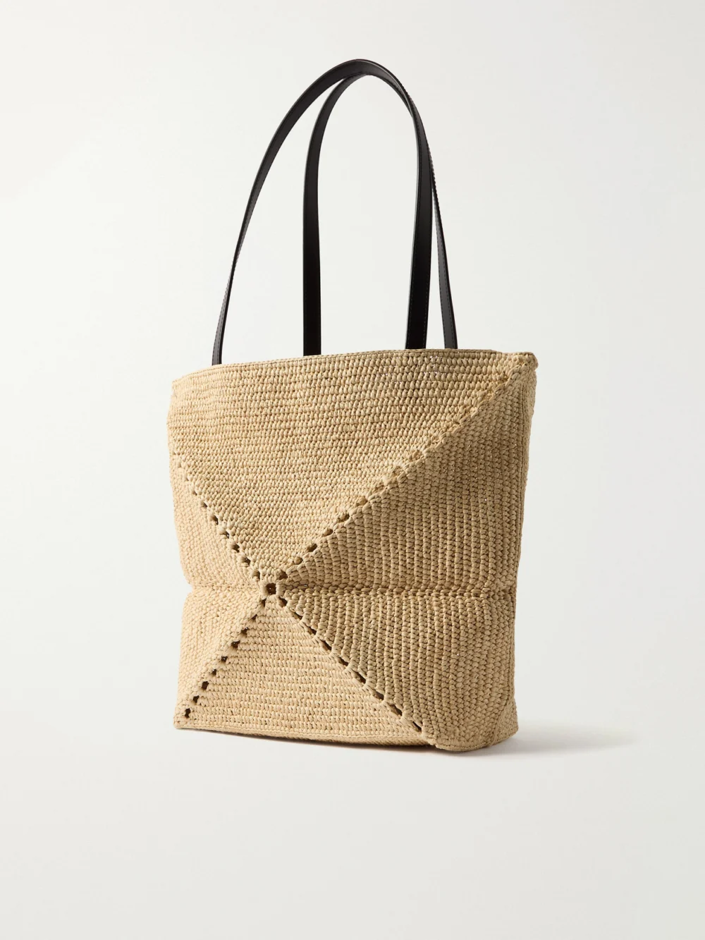 Back view of the Loewe + Paula's Ibiza Puzzle Fold Medium Leather-trimmed Raffia Tote